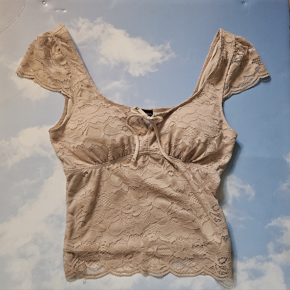 Lace Cap Sleeve Babydoll Top in Beige Lace Lace Corset Bustier Top